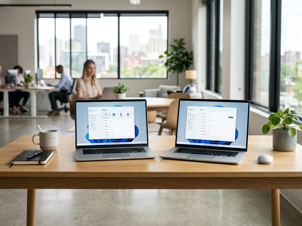 Windows 11 Home és Pro licensz összehasonlítása két laptopon irodai asztalon