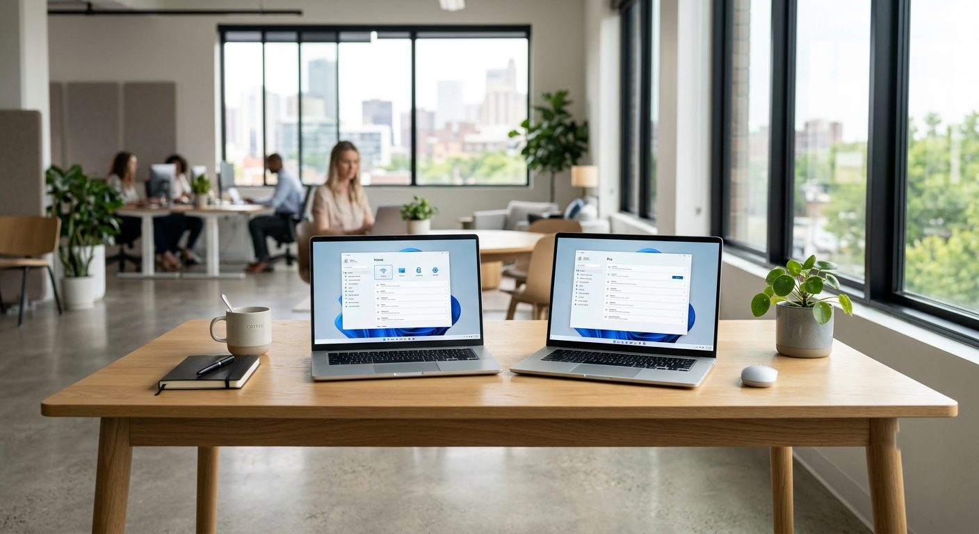 Windows 11 Home és Pro licensz összehasonlítása két laptopon irodai asztalon