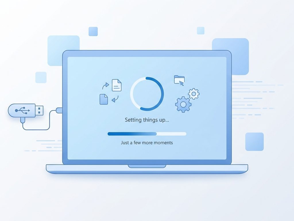Windows 11 telepítése lépésről lépésre – USB-s telepítőeszköz és telepítési képernyő illusztráció