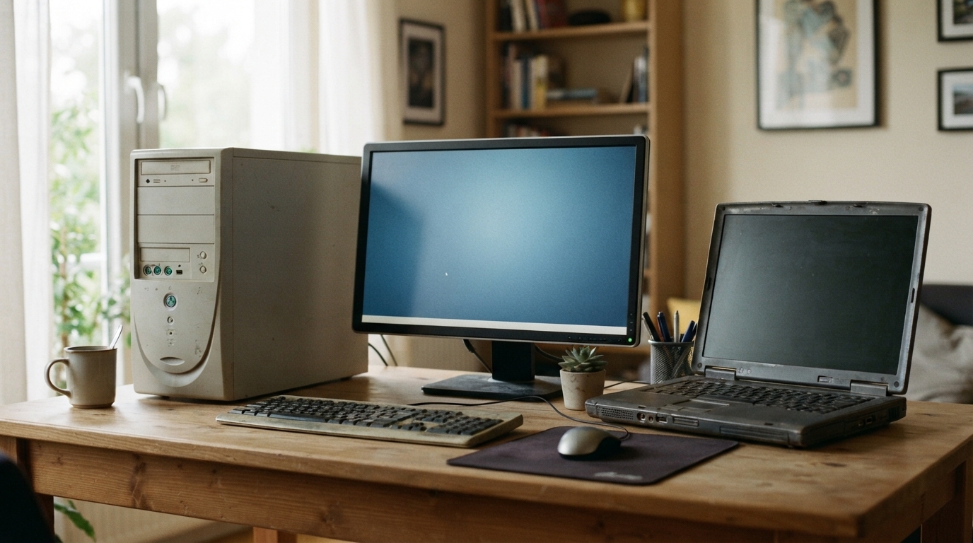 Régi asztali számítógép és laptop íróasztalon – Windows 10 vs Windows 11 összehasonlítás régi gépen