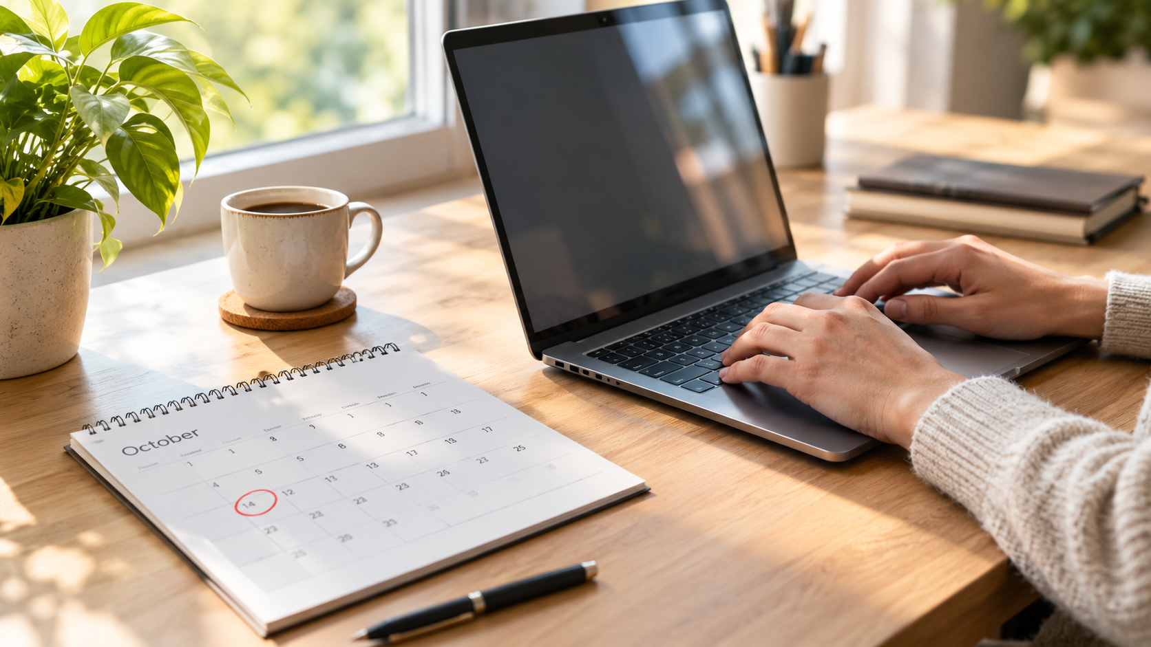Laptop és bekarikázott októberi naptár egy otthoni íróasztalon – Windows 10 ESU és támogatás vége 1 év után