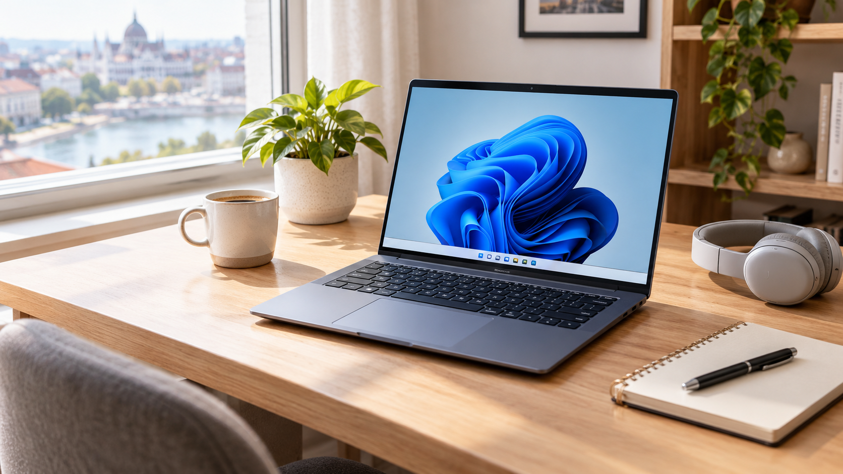 Windows 11 home office – laptop otthoni munkaasztalon